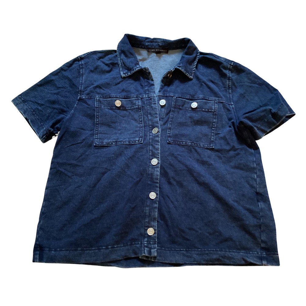 Jane + Delancey Womens Dark Wash Denim Knit Short Sleeve Button Down Shirt M